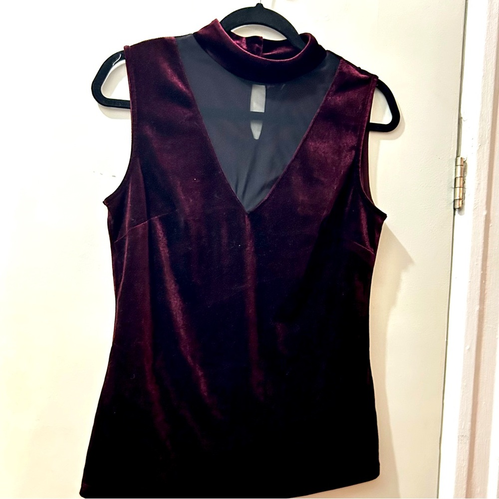 Sleeveless velour top with mesh detail